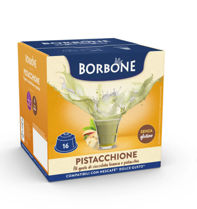 16 Capsule Borbone PISTACCHIONE Per Bevanda Solubile Al Gusto Cioccolata Bianca E Pistacchio
